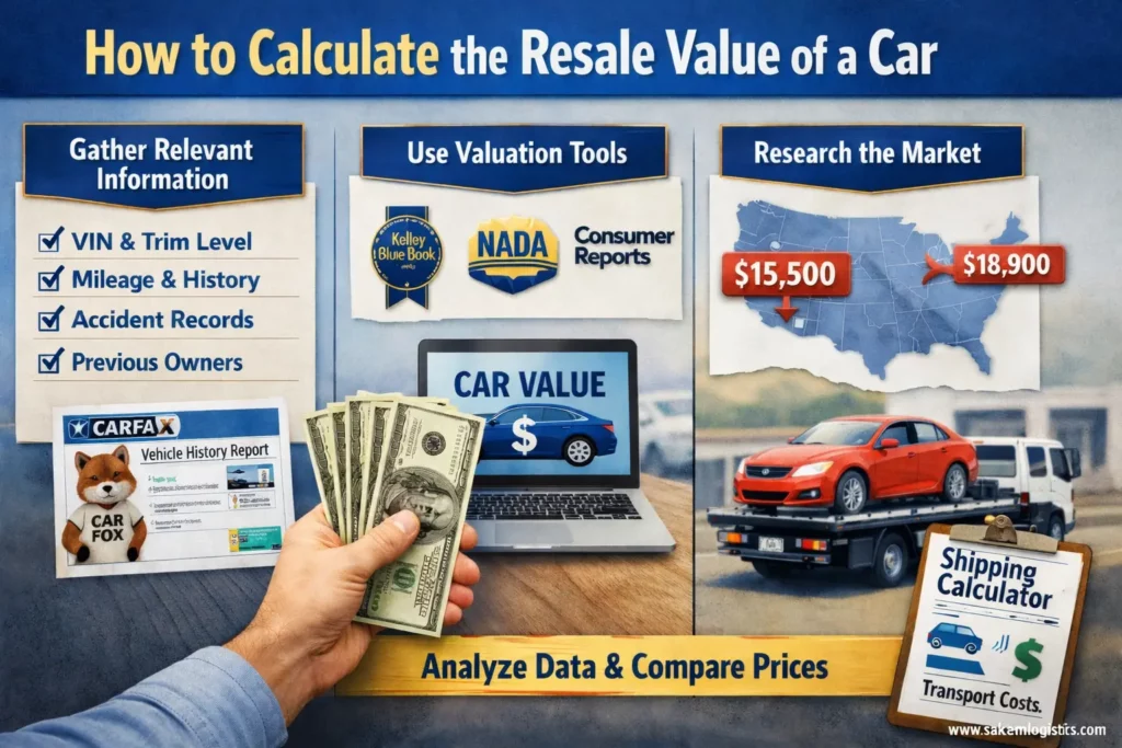 Infographic showing steps to calculate a car’s resale value with keys, cash, laptop, and map; watermark www.sakaemlogistics.com
.