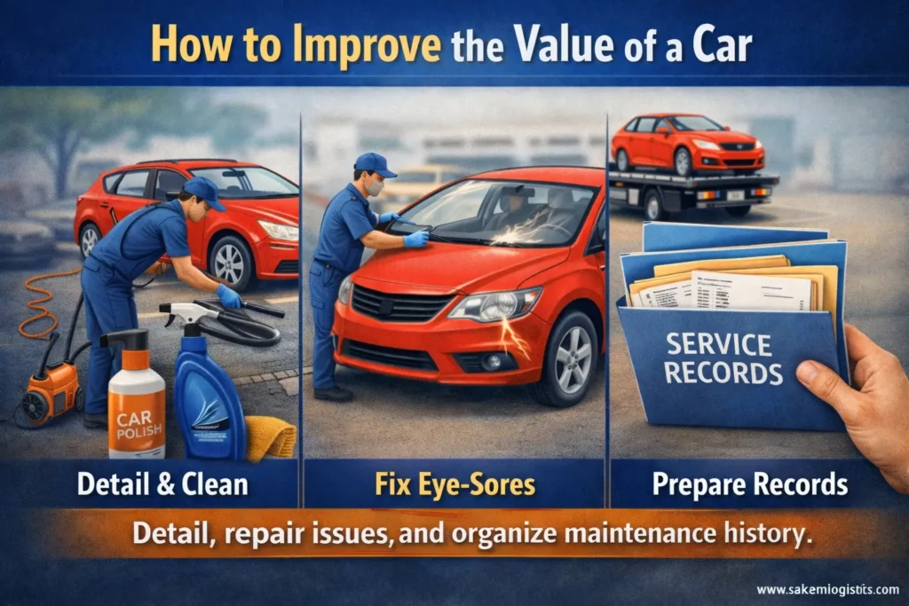 steps to improve a car’s value with professional detailing, fixing damages like headlights and windshield, organizing service records, and optional car shipping